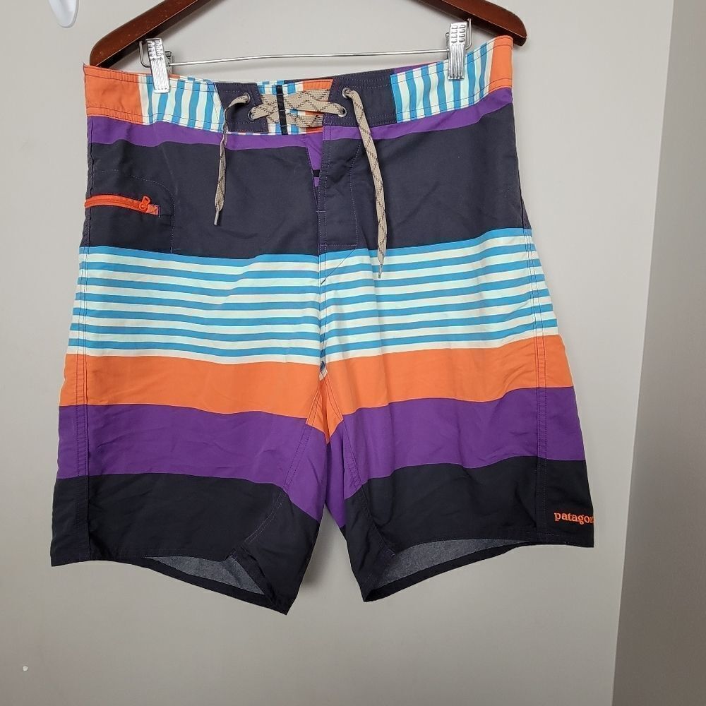 Patagonia Wavefarer Board Shorts, Multicolor Purple, Teal Stripes Colorblock